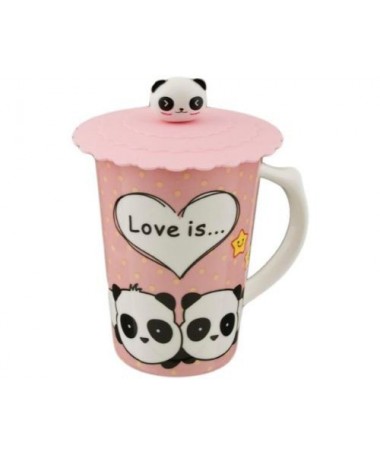 Taza rosa con pandas